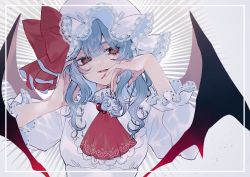 Rule 34 | 1girl, alternate hair length, alternate hairstyle, ascot, blue hair, bow, commentary, demon wings, fingernails, hair between eyes, hand on own cheek, hand on own face, hands up, hat, hat bow, katai (nekoneko0720), lace, lace-trimmed headwear, lace-trimmed sleeves, lace trim, long hair, looking at viewer, lower teeth only, mob cap, nail polish, parted lips, puffy short sleeves, puffy sleeves, red ascot, red bow, red eyes, red nails, remilia scarlet, sharp fingernails, shirt, short sleeves, smile, solo, teeth, tongue, touhou, tsurime, upper body, white hat, white shirt, wings