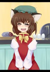 Rule 34 | 1girl, animal ears, bad id, bad pixiv id, blush, cat ears, cat girl, chen, commentary request, earrings, egg, closed eyes, female focus, fish, hat, jewelry, letterboxed, mizuga, open mouth, smile, solo, touhou, v arms