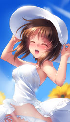 Rule 34 | 10s, 1girl, ass, blue panties, blue sky, blurry, blurry background, breasts, butt crack, closed eyes, commentary, day, depth of field, dress, frilled panties, frills, girls und panzer, hands on headwear, hat, highres, kuzuryuu kennosuke, looking at viewer, looking back, medium breasts, microdress, nishizumi miho, open mouth, outdoors, panties, short hair, side-tie panties, sky, smile, solo, spaghetti strap, standing, sun hat, sundress, underwear, upper body, white hair, wind, wind lift