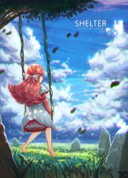 Rule 34 | 1girl, artist name, barefoot, blue sky, cloud, cloudy sky, copyright name, dress, from behind, grass, highres, klegsart, long hair, long sleeves, pink hair, plant, rin (shelter), rock, shelter (song), sky, solo, swing, white dress