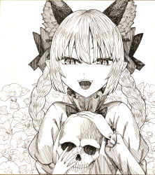 Rule 34 | 1girl, animal ear fluff, animal ears, braid, cat ears, commentary request, dress, extra ears, flower, frilled dress, frills, graphite (medium), greyscale, hair between eyes, hatching (texture), highres, holding, holding skull, juliet sleeves, kaenbyou rin, ke-su, long hair, long sleeves, looking at viewer, monochrome, open mouth, puffy sleeves, shikishi, skull, smile, solo, touhou, traditional media, twin braids, upper body