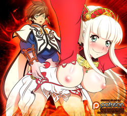 Rule 34 | 1boy, 1girl, ass, blush, breasts, brown hair, clothed sex, covered erect nipples, doggystyle, earrings, green eyes, hair ornament, hand on own hip, happy sex, hetero, jewelry, lailah (tales), long hair, nipples, sex, sex from behind, short hair, sorey (tales), tales of (series), tales of zestiria, tensa-zangitsu, text focus, white hair
