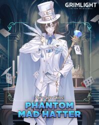 Rule 34 | 1boy, ascot, blue ascot, blue eyes, brown hair, cape, card, commentary, english commentary, feathers, formal, gloves, grimlight, hand in pocket, hat, holding, holding card, long hair, mad hatter (grimlight), male focus, monocle, official art, pants, playing card, solo, suit, top hat, vest, white cape, white feathers, white gloves, white hat, white pants, white suit, white vest
