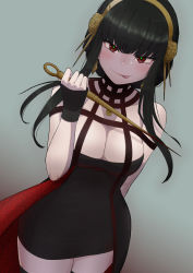 Rule 34 | 1girl, :p, absurdres, bare shoulders, black hair, blush, breasts, choker, cleavage, cowboy shot, dress, flower, hair flower, hair ornament, hairband, highres, holding, holding weapon, jaguarsee, large breasts, licking lips, looking at viewer, red eyes, resolution mismatch, sidelocks, smile, source smaller, spy x family, tongue, tongue out, two-sided dress, two-sided fabric, weapon, yor briar
