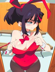 Rule 34 | 1girl, adjusting clothes, adjusting leotard, aetherion, animal ears, bare shoulders, black hair, blue eyes, bow, bowtie, breasts, brown pantyhose, cleavage, closed mouth, detached collar, fake animal ears, hair between eyes, highres, indoors, kill la kill, large breasts, leotard, matoi ryuuko, multicolored hair, pantyhose, playboy bunny, rabbit ears, red hair, red leotard, short hair, solo, standing, streaked hair
