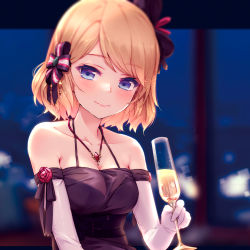 Rule 34 | 1girl, alternate costume, azumi akitake, azur lane, bare shoulders, blonde hair, blue eyes, blurry, blush, bow, breasts, champagne flute, cleavage, commentary request, cup, depth of field, drinking glass, gloves, hair between eyes, hair bow, hair ornament, halterneck, highres, jewelry, looking at viewer, medium breasts, necklace, short hair, sleeveless, solo, swept bangs, z23 (azur lane)
