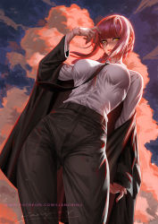 Rule 34 | 1girl, black necktie, black pants, blood, blood on clothes, braid, braided ponytail, breasts, business suit, chainsaw man, coat, collared shirt, formal, high-waist pants, highres, liang xing, looking at viewer, makima (chainsaw man), necktie, off shoulder, pants, red hair, ringed eyes, shirt, shirt tucked in, solo, standing, suit, yellow eyes