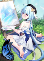 Rule 34 | 1girl, absurdres, ahoge, art brush, barefoot, black hat, blue hair, bug, butterfly, canvas (object), closed mouth, dress, feet, griseo, griseo (starry impression), hair between eyes, hat, highres, holding, holding palette, honkai (series), honkai impact 3rd, insect, jiachong jun z, long hair, looking at viewer, paintbrush, palette (object), purple eyes, sitting, smile, soles, solo, very long hair, wariza, white dress