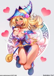 Rule 34 | 1girl, absurdres, artist name, bare shoulders, blonde hair, blue footwear, blue hat, blush stickers, boots, breasts, cleavage, collarbone, covered navel, dark magician girl, full body, green eyes, grey background, hat, heart, heart hands, highres, holding, holding staff, jewelry, large breasts, legs, leotard, long hair, looking at viewer, necklace, open mouth, simple background, smile, solo, staff, wizard hat, yu-gi-oh!, yu-gi-oh! duel monsters, yur1rodrigues