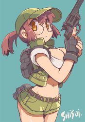 Rule 34 | 1girl, backpack, bag, blue background, breasts, brown hair, cleavage, crop top, fingerless gloves, fio germi, glasses, gloves, green hat, hat, jacket, large breasts, long hair, metal slug, ponytail, shisui, short shorts, shorts, simple background, sleeveless, snk