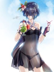 Rule 34 | 1girl, absurdres, artist name, bare shoulders, bikini, bikini under clothes, black bikini, blue hair, braid, breasts, cherry, clear glass (mildmild1311), cleavage, collarbone, covered navel, cowboy shot, crown braid, dress, drink, fire emblem, fire emblem awakening, fire emblem heroes, food, fruit, groin, highres, lucina (fire emblem), marth (fire emblem awakening), mask, navel, nintendo, official alternate costume, see-through, see-through dress, short hair, signature, simple background, small breasts, smile, solo, swimsuit, twitter username