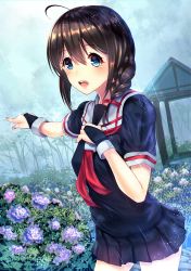 Rule 34 | 1girl, ahoge, black gloves, black hair, black serafuku, black skirt, blue eyes, blush, breasts, cloud, cloudy sky, commentary request, cowboy shot, fingerless gloves, fingernails, flower, gloves, hair between eyes, hand on own chest, highres, hydrangea, kantai collection, kazu (otonoki86), legs apart, long fingernails, long hair, looking at viewer, medium breasts, miniskirt, nail polish, neckerchief, open mouth, outdoors, outstretched arm, pink nails, pleated skirt, pointing, rain, red neckerchief, school uniform, serafuku, shigure (kancolle), short hair, short sleeves, skirt, sky, smile, solo, standing, tree, water drop, wet, wet clothes, wet hair