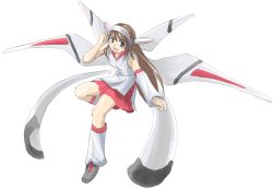 Rule 34 | 1girl, android, battle, blue eyes, brown hair, japanese clothes, long hair, long sleeves, mecha, mechanical wings, miko, nontraditional miko, original, persocom, robot, solo, wings