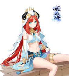 Rule 34 | 1girl, absurdres, aqua eyes, arm at side, bare legs, blue gemstone, blue nails, blue skirt, bracer, breasts, brooch, chinese text, circlet, closed mouth, commentary, cowboy shot, crop top, detached sleeves, fake horns, gem, genshin impact, gold trim, harem outfit, highres, holding, horns, jewelry, jpeg artifacts, leg up, long hair, long sleeves, looking at viewer, low twintails, medium breasts, nail polish, neck ring, nilou (genshin impact), parted bangs, puffy long sleeves, puffy sleeves, red hair, simple background, sitting, skirt, skirt hold, smile, stomach, tassel, thighlet, thighs, translation request, twintails, veil, very long hair, white background, white headwear, white sleeves, yun mo fenghua