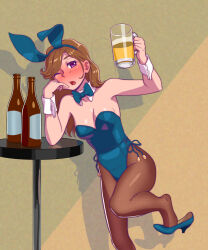 Rule 34 | 1girl, alcohol, animal ears, beer, beer mug, blue bow, blue bowtie, blue leotard, bottle, bow, bowtie, breasts, brown pantyhose, cleavage, cup, detached collar, drunk, feet out of frame, fishnet pantyhose, fishnets, fukusuke hachi-gou, highres, leotard, long hair, medium breasts, mug, one eye closed, original, pantyhose, playboy bunny, purple eyes, rabbit ears, shadow, shoe dangle, solo, strapless, strapless leotard, table, wrist cuffs