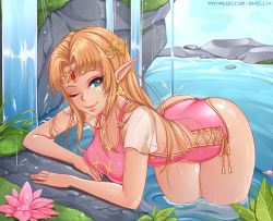 Rule 34 | 1girl, ;), adapted costume, artist name, ass, bent over, blonde hair, blue eyes, breasts, circlet, earrings, flower, forehead jewel, gem, gold, highres, jewelry, long hair, looking at viewer, lotus, medium breasts, nintendo, one-piece swimsuit, one eye closed, parted bangs, pink flower, pink one-piece swimsuit, pointy ears, princess zelda, shellvi, short sleeves, smile, solo, super smash bros., swimsuit, the legend of zelda, the legend of zelda: a link between worlds, triforce, wading, water, waterfall, wet