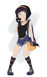 Rule 34 | 1girl, arm at side, bad id, bad pixiv id, badge, bag, bare shoulders, black gloves, black hair, black socks, black tank top, blue-tinted eyewear, blue eyes, blue footwear, blue shorts, blue wristband, blunt bangs, bob cut, body freckles, breasts, cleavage, closed mouth, collarbone, commentary, covered erect nipples, creatures (company), denim, denim shorts, english commentary, eyelashes, fingerless gloves, freckles, full body, game freak, gloves, grey background, grey socks, gym leader badge, hairband, hand up, highres, kasia mikolajczyk, kneehighs, looking away, merunyaa, messenger bag, midriff peek, nintendo, original, pigeon-toed, pokemon, shoes, short hair, short shorts, shorts, shoulder bag, small breasts, smile, sneakers, socks, solo, spread legs, standing, striped clothes, striped socks, tank top, tinted eyewear, tumblr username, v, white background, wide spread legs, yellow hairband