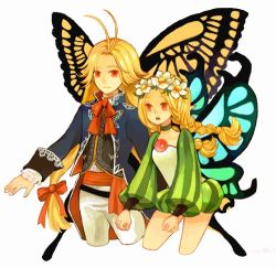 Rule 34 | 1boy, 1girl, bad id, bad pixiv id, blonde hair, braid, breasts, butterfly wings, crossover, fairy, flower, hair flower, hair ornament, i-nhoc, insect wings, long hair, long sleeves, lowres, mercedes (odin sphere), odin sphere, pointy ears, puffy sleeves, red eyes, saga, saga frontier, silence (saga frontier), twin braids, twintails, wings