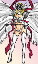 Rule 34 | angel wings, angewomon, blonde hair, boots, breasts, bustier, covered eyes, digimon, digimon (creature), elbow gloves, gloves, helmet, high heel boots, high heels, laces, large breasts, long hair, multiple wings, panties, ribbon, solo, thigh boots, thighhighs, underwear, wings