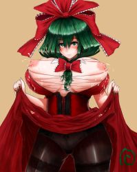 Rule 34 | 1girl, absurdres, bad id, bad pixiv id, between breasts, black pantyhose, blush, bow, breasts, breasts out, cleavage, clothes lift, come hither, corset, dress, dress lift, female focus, green eyes, green hair, hair bow, hair ornament, hair ribbon, highres, huge breasts, kagiyama hina, kai ry, lactation, long hair, looking at viewer, matching hair/eyes, nail polish, nipples, panties, panties under pantyhose, pantyhose, perky breasts, ribbon, short hair, simple background, smile, solo, thighband pantyhose, touhou, underwear, yellow background
