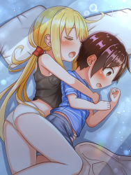 Rule 34 | 1boy, 1girl, black camisole, blonde hair, blue shirt, brown hair, camisole, commentary request, hetero, highres, hug, hug from behind, kantai collection, long hair, low twintails, lying, on side, original, pillow, satsuki (kancolle), shirt, short hair, short shorts, shorts, sleeping, suzushiro (gripen39), twintails, white shorts