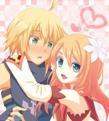 Rule 34 | 00s, 1boy, 1girl, blonde hair, blue eyes, blush, brown hair, couple, daybreak, emil castagnier, flower, gloves, green eyes, hair ornament, heart, hetero, hug, long hair, lowres, marta lualdi, smile, tales of (series), tales of symphonia, tales of symphonia: dawn of the new world