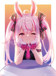 Rule 34 | 1girl, absurdres, ahoge, animal ears, arm rest, black shirt, eyebrows, gloves, hands on own chin, head rest, heart, highres, long hair, necktie, one eye closed, pink eyes, pink hair, rabbit ears, red necktie, ribbon, shiroma renri, shirt, sleeveless, sleeveless shirt, smile, solo, tomari mari, tomari mari channel, twintails, virtual youtuber, white gloves