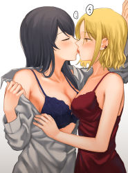 Rule 34 | 1 rt de nakawarui nonke joshi-tachi ga 1-byou kiss suru, 2girls, arm up, bare shoulders, black hair, blonde hair, blue bra, bra, breasts, chemise, cleavage, closed eyes, couple, earclip, earrings, eye contact, french kiss, from side, fukuroumori, grey shirt, hair behind ear, half-closed eyes, highres, jewelry, kabedon, kiss, large breasts, long hair, long sleeves, looking at another, multiple earrings, multiple girls, off shoulder, profile, shirt, short hair, simple background, spaghetti strap, speech bubble, stud earrings, translation request, underwear, undressing, upper body, white background, yellow eyes, yuri
