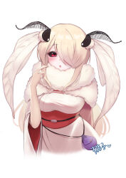 1girl antennae arthropod_girl black_sclera blonde_hair blush breasts chinese_commentary coin_purse colored_sclera commentary_request cowboy_shot fur_collar hair_over_one_eye head_wings highres indie_virtual_youtuber insect_girl insect_wings japanese_clothes kimono large_breasts long_bangs long_hair looking_at_viewer momikodayo moth_girl obi open_mouth red_eyes red_sash sash second-party_source shina_tsukishiro sidelocks simple_background solo virtual_youtuber white_background white_kimono white_wings wide_sleeves wings