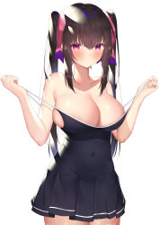 Rule 34 | 1girl, absurdres, alternate breast size, bare shoulders, black dress, breasts, brown hair, cleavage, closed mouth, collarbone, commentary request, covered navel, dress, hair ribbon, highres, large breasts, long hair, looking at viewer, niyun (n niyu), pink ribbon, ribbon, senki zesshou symphogear, simple background, sleeveless, sleeveless dress, tsukuyomi shirabe, twintails, white background
