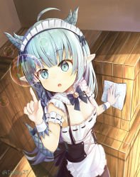 Rule 34 | 1girl, :o, absurdres, ahoge, apron, arm garter, black bow, black bowtie, black skirt, blue bow, blue eyes, blue hair, blurry, blush, bow, bowtie, braid, breasts, bubble, cleaning, cleavage, commentary request, cowboy shot, crate, detached collar, dragon girl, dragon horns, dragon tail, exitb, frills, from above, hair bow, hand up, highres, holding, horns, index finger raised, indoors, king&#039;s raid, lilia (king&#039;s raid), long hair, looking at viewer, maid, maid apron, maid headdress, miniskirt, parted lips, pointy ears, ribbon trim, shirt, sidelocks, skirt, sleeveless, sleeveless shirt, small breasts, solo, standing, tail, tareme, twitter username, very long hair, white apron, white shirt, wrist cuffs