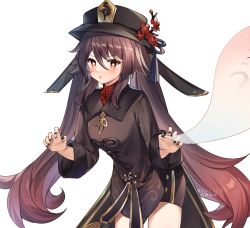 Rule 34 | 1girl, black dress, black hat, black nails, black shorts, blush, brown hair, commentary request, cowboy shot, dress, flower, genshin impact, guzangnanfeng, hair between eyes, hat, hat flower, highres, hu tao (genshin impact), long hair, long sleeves, looking at viewer, nail polish, parted lips, partial commentary, red eyes, red flower, short shorts, shorts, simple background, solo, standing, thighs, twintails, very long hair, white background