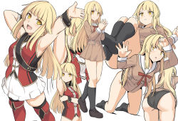 Rule 34 | 1girl, ?, armpits, ass, bare shoulders, black footwear, black panties, black socks, blonde hair, blush, boots, breasts, brown jacket, brown skirt, collarbone, commentary request, copyright request, jacket, kneehighs, kneeling, long hair, multiple views, open mouth, panties, red footwear, red ribbon, ribbon, school uniform, shiseki hirame, shoes, simple background, skirt, small breasts, smile, socks, thigh boots, thighhighs, underwear, white background, yellow eyes