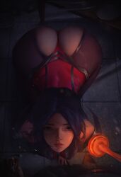 Rule 34 | 1boy, 1girl, all fours, armor, ass, ass focus, bent over, blue eyes, bodysuit, branding iron, embers, from above, highres, huge ass, irelia, league of legends, lips, long hair, looking at viewer, looking up, purple hair, tile floor, tiles, wide hips, yingprostitute