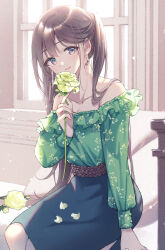 Rule 34 | 1girl, bare shoulders, belt, blue skirt, blush, breasts, brown belt, brown eyes, brown hair, cleavage, closed mouth, collarbone, commentary, cowboy shot, earrings, english commentary, floral print, flower, green shirt, highres, holding, holding flower, jewelry, light particles, long hair, looking at viewer, nagidango, off-shoulder shirt, off shoulder, original, petals, shirt, sitting, skirt, small breasts, smile, solo, two side up