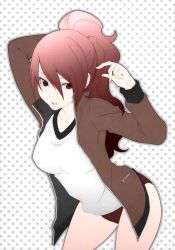 Rule 34 | 1girl, adjusting hair, artist request, atlus, breasts, buruma, collarbone, gym uniform, hair between eyes, hands up, high collar, high ponytail, highres, jacket, kirijou mitsuru, large breasts, lips, long hair, looking to the side, open clothes, open jacket, parted lips, persona, persona 3, polka dot, polka dot background, ponytail, red buruma, red eyes, red hair, shirt, solo, standing, thighs, tongue, track jacket, white shirt, zipper