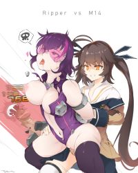 Rule 34 | 2girls, ahegao, battle rifle, black legwear, breasts, brown hair, cross-section, cum, cum in pussy, damage numbers, ejaculation, futa with female, futanari, girls&#039; frontline, gun, hand on another&#039;s thigh, highres, internal cumshot, large breasts, long hair, long sleeves, m14, m14 (girls&#039; frontline), multiple girls, navel, nipples, open mouth, penis, pink-tinted eyewear, ppkoly, purple-tinted eyewear, purple hair, pussy, reverse upright straddle, rifle, ripper (girls&#039; frontline), rolling eyes, sangvis ferri, sex, sex from behind, skirt, spoken skull, teeth, thighhighs, tinted eyewear, tongue, tongue out, twintails, uncensored, vaginal, visor, weapon, white background, yellow eyes