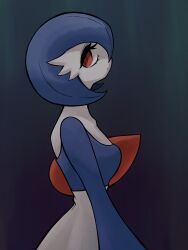 Rule 34 | 1girl, absurdres, alternate color, blue hair, blue skin, bob cut, breasts, closed mouth, colored skin, creatures (company), expressionless, eyelashes, female focus, from side, game freak, gardevoir, gen 3 pokemon, half-closed eyes, highres, kokekokko, looking at viewer, multicolored skin, nintendo, pokemon, pokemon (creature), profile, purple background, red eyes, shiny pokemon, short hair, sideways mouth, simple background, small breasts, solo, standing, two-tone skin, upper body, white skin
