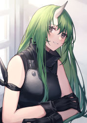 Rule 34 | 1girl, arknights, arm ribbon, armor, bare arms, bare shoulders, black gloves, black ribbon, black shirt, breastplate, commentary request, coyucom, gloves, green hair, grey eyes, grin, hair between eyes, high collar, highres, horns, hoshiguma (arknights), indoors, long hair, looking at viewer, ribbon, shirt, single horn, sleeveless, sleeveless shirt, smile, solo, upper body