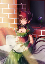 Rule 34 | 1girl, absurdres, adapted costume, animal, animal ears, animal on lap, animalization, bell, bench, black bow, blush, bow, braid, breasts, brick wall, building, bush, cat, cat ears, cat girl, cat on lap, cat tail, choker, cleavage, closed eyes, corset, dress, extra ears, facing viewer, fang, flower, flower pot, green dress, hair bow, hair over shoulder, highres, kaenbyou rin, koissa, komeiji koishi, light particles, light rays, multiple tails, neck bell, nekomata, on lap, outdoors, petting, plant, potted plant, puff and slash sleeves, puffy short sleeves, puffy sleeves, red hair, short sleeves, sitting, smile, solo, striped clothes, striped dress, sunbeam, sunlight, tail, touhou, twin braids, two tails, vertical-striped clothes, vertical-striped dress, window, wrist cuffs