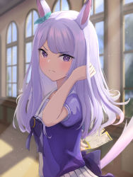 Rule 34 | &gt;:(, 1girl, animal ears, blurry, blurry background, blush, bow, closed mouth, commentary request, depth of field, ear ribbon, green ribbon, hand up, holding, horse ears, horse girl, horse tail, indoors, long hair, maneromin, mejiro mcqueen (umamusume), pleated skirt, puffy short sleeves, puffy sleeves, purple bow, purple eyes, purple hair, purple shirt, ribbon, school uniform, shirt, short sleeves, skirt, solo, stiff tail, tail, ticket, tracen school uniform, umamusume, v-shaped eyebrows, white skirt, window