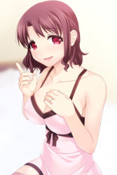 Rule 34 | 1girl, bare shoulders, breasts, brown eyes, brown hair, cleavage, dress, jewelry, large breasts, looking at viewer, open mouth, original, ring, smile, solo, totokichi