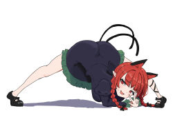 Rule 34 | 1girl, animal ears, ass, black dress, black footwear, cat ears, cat girl, cat tail, dress, frilled dress, frills, highres, kaenbyou rin, long sleeves, looking at viewer, open mouth, pochipechi056, pointy ears, puffy long sleeves, puffy sleeves, red eyes, simple background, smile, solo, tail, touhou, v, white background