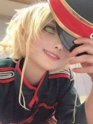 Rule 34 | 1girl, asian, cosplay, crazy smile, female focus, green eyes, hat, highres, japanese (nationality), looking at viewer, military, military uniform, photo (medium), smile, solo, tanya degurechaff, tanya degurechaff (cosplay), uniform, youjo senki
