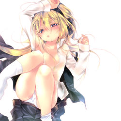Rule 34 | 1girl, armpits, bare shoulders, belt, blazer, blonde hair, blush, breasts, buttons, cameltoe, center opening, clothes down, clothing aside, collarbone, collared shirt, crotch, foreshortening, from above, gradient hair, hair between eyes, hair down, hairband, hand on own head, ikebukuro hatsu zen sekai iki!, jacket, kamizuki shiki, knees, knees together feet apart, legs up, long hair, long sleeves, looking at viewer, loose socks, lying, medium breasts, multicolored eyes, multicolored hair, no bra, no pants, on back, open clothes, open mouth, open shirt, panties, pants, see-through, shiny skin, shirt, simple background, sleeves past wrists, socks, solo, thighs, unbuttoned, underwear, wataru hibiki, white background, white panties, white shirt, white socks