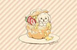 Rule 34 | animal focus, artist name, cream puff, dessert, dog, food, food focus, food request, fruit, leaf, looking at viewer, mojacookie, no humans, original, plate, strawberry, striped, striped background, white dog