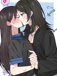 Rule 34 | 2girls, anger vein, arrow (symbol), bang dream!, bang dream! it&#039;s mygo!!!!!, black hair, black jacket, black shirt, blue background, blush, border, breasts, cleavage, closed eyes, commentary request, ear blush, earrings, french kiss, green eyes, hair behind ear, highres, holding hands, interlocked fingers, jacket, jewelry, kiss, long hair, long sleeves, looking at another, medium hair, multiple girls, nanami (nunnun 0410), nervous sweating, outside border, red shirt, shiina taki, shirt, short sleeves, sidelocks, simple background, spoken anger vein, sweat, sweatdrop, translated, upper body, white border, yahata umiri, yuri