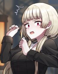 Rule 34 | 1girl, absurdres, blonde hair, blunt bangs, blurry, blurry background, blush, breasts, clenched hands, commentary request, highres, laica (marfusha), long hair, looking at viewer, low twintails, marfusha, medium breasts, open mouth, poke doll, portrait, red eyes, signature, surprised, twintails, uniform