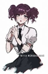 Rule 34 | 1girl, black necktie, black skirt, blush, breasts, collared shirt, criis-chan, cropped legs, danganronpa (series), danganronpa 2: goodbye despair, disembodied hand, grey background, medium breasts, necktie, open mouth, own hands together, prototype design, puffy short sleeves, puffy sleeves, purple hair, shirt, shirt tucked in, short hair, short sleeves, simple background, skirt, solo, teeth, tongue, tsumiki mikan, twitter username, upper teeth only