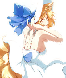Rule 34 | 1girl, alternate costume, alternate headwear, animal ears, arm behind head, back, backless dress, backless outfit, bare shoulders, blonde hair, breasts, dearmybrothers, dress, female focus, fox ears, fox tail, hand on headwear, hat, hat ribbon, highres, looking at viewer, looking back, medium breasts, multiple tails, open mouth, ribbon, short hair, sideboob, simple background, smile, solo, sun hat, sundress, tail, touhou, white background, white dress, yakumo ran, yellow eyes